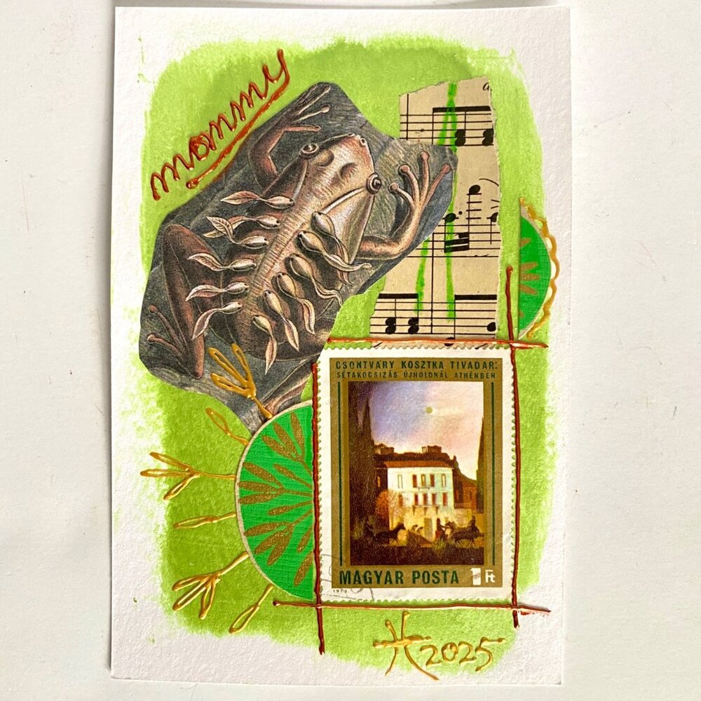 Croakin 3 Original Frog Collage Painting Wall Art Matted 8x10in Frame Ready